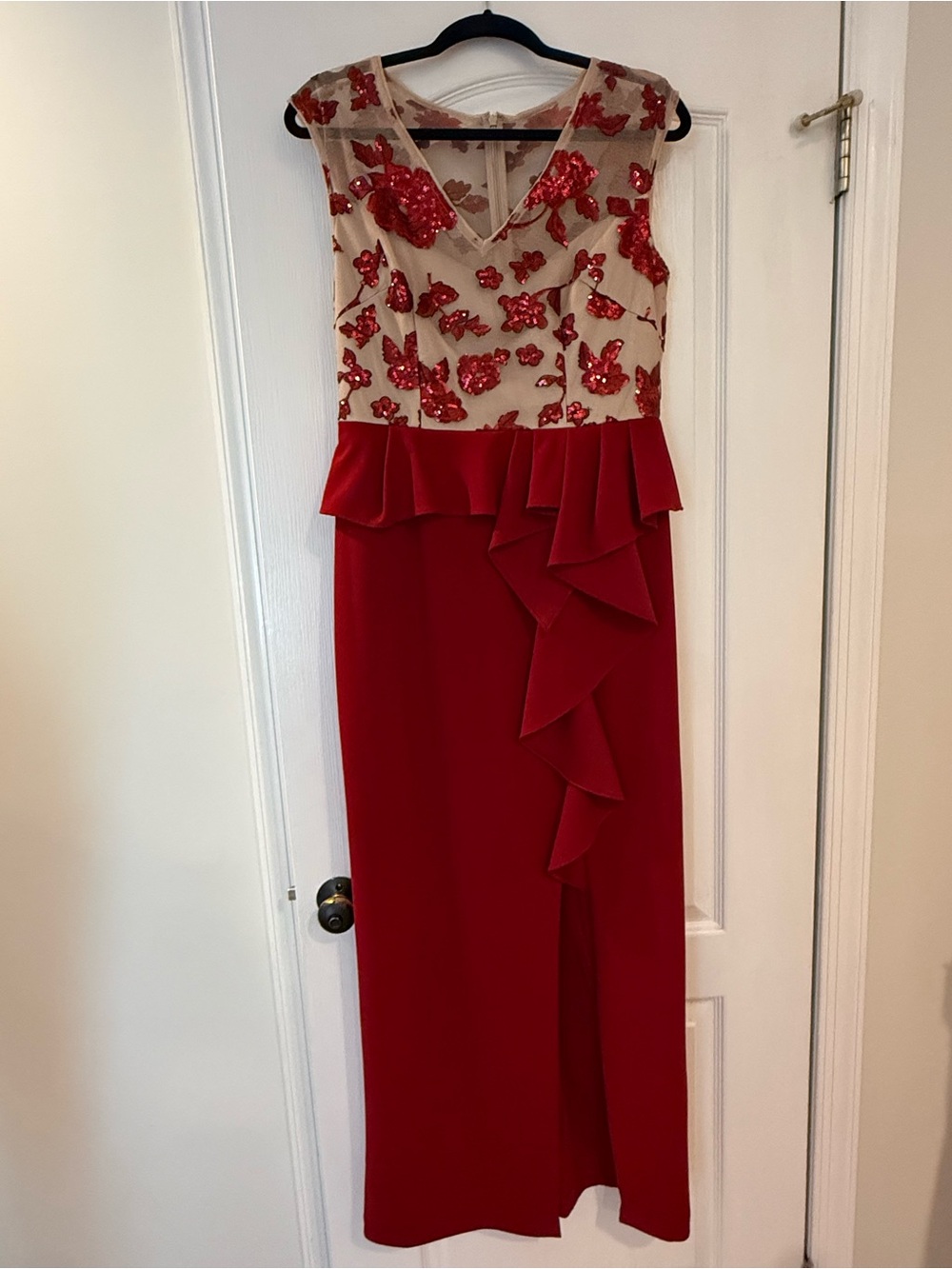 Adrianna Papell Red Sequin Floral Peplum Maxi Dress